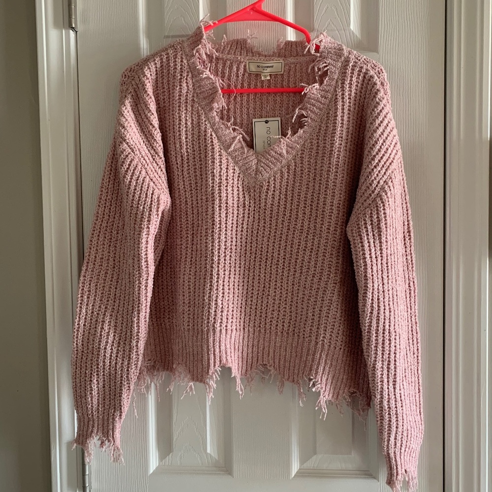 No Comment Pink Ragged Frayed Edge Knit V Neck Sweater Sz Small
